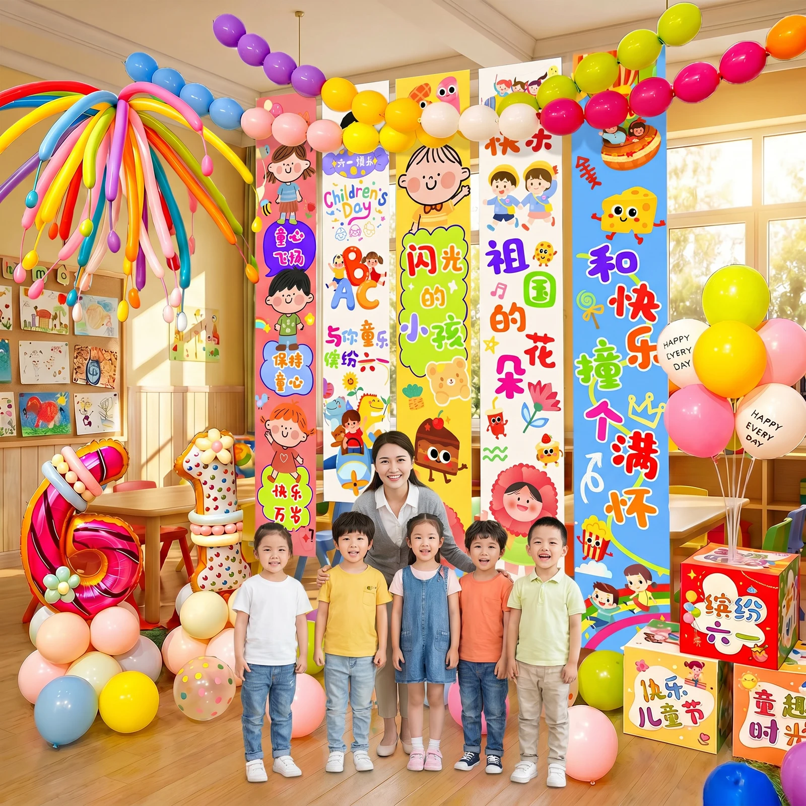 children's-day-celebration-class-room-decorations-school-event-props-scene-setting-accessories-flashing-cartoon-photo-cloth
