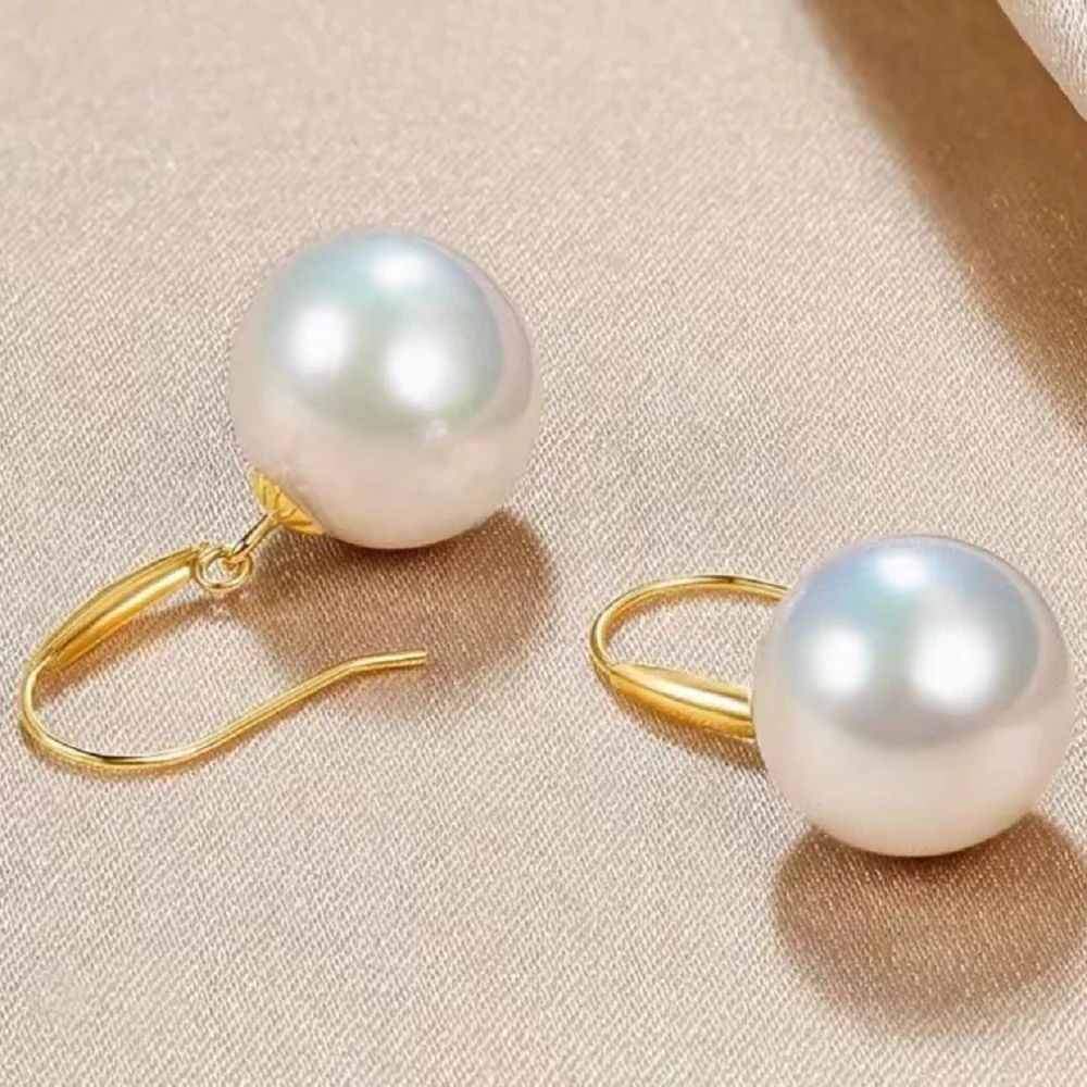 18k gold pearl earrings for women AU750 natural AAAA++++ 12-13mm Perfect Circle seawater pearl ear hook