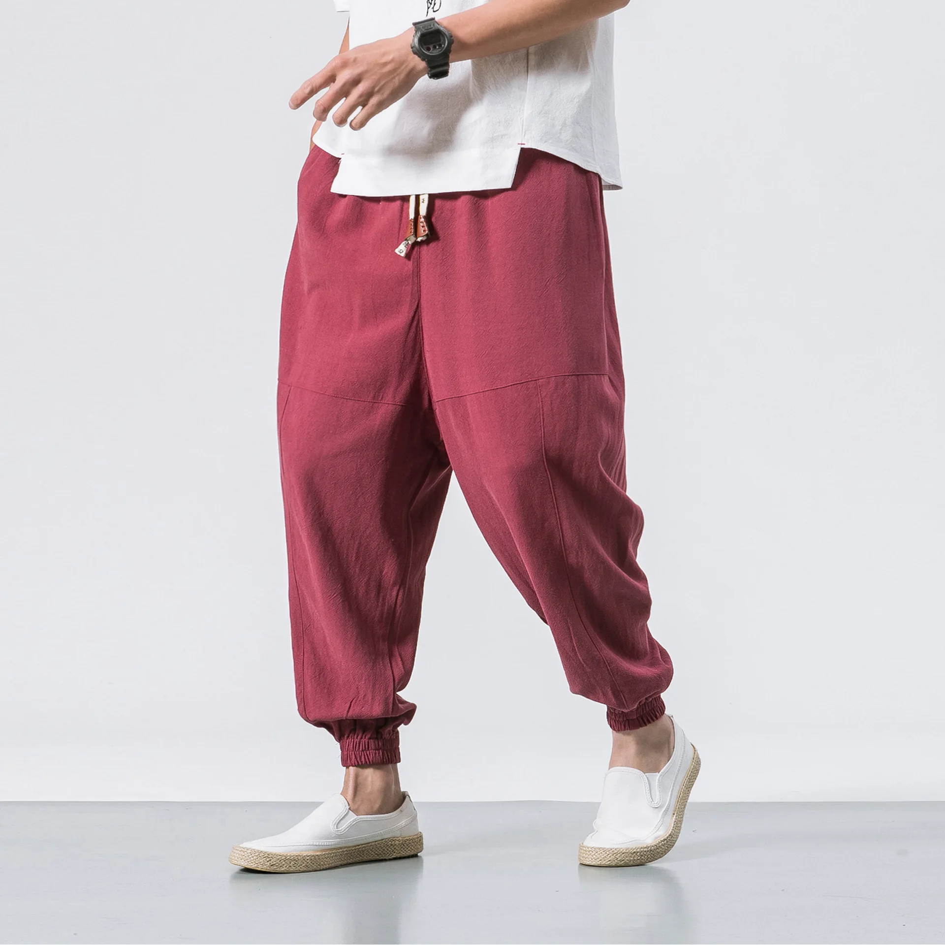 New Cotton Linen Harem Pants Men Solid Elastic Waist Streetwear Joggers Baggy Drop-crotch Pants Casual Trousers Men