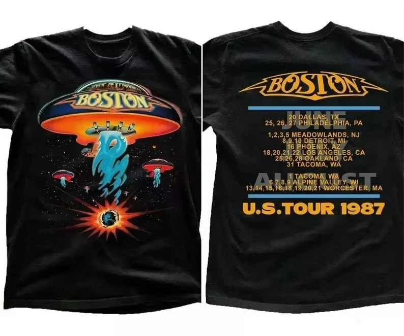 

2025 Summer New Vintage Style Boston Rock Tour T-Shirt Boston Tour Shirt Printed Short Sleeve Cotton Crew Neck T-Shirt