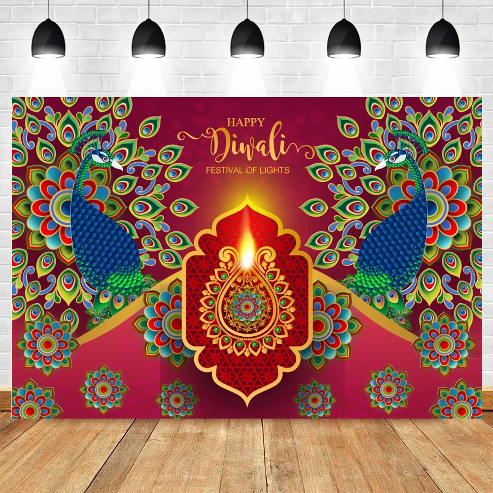 Indian Diwali Festival Backgrounds for Photographs Colorful Flowers Peacock feathers Family Party Decorations Backdrop Banner
