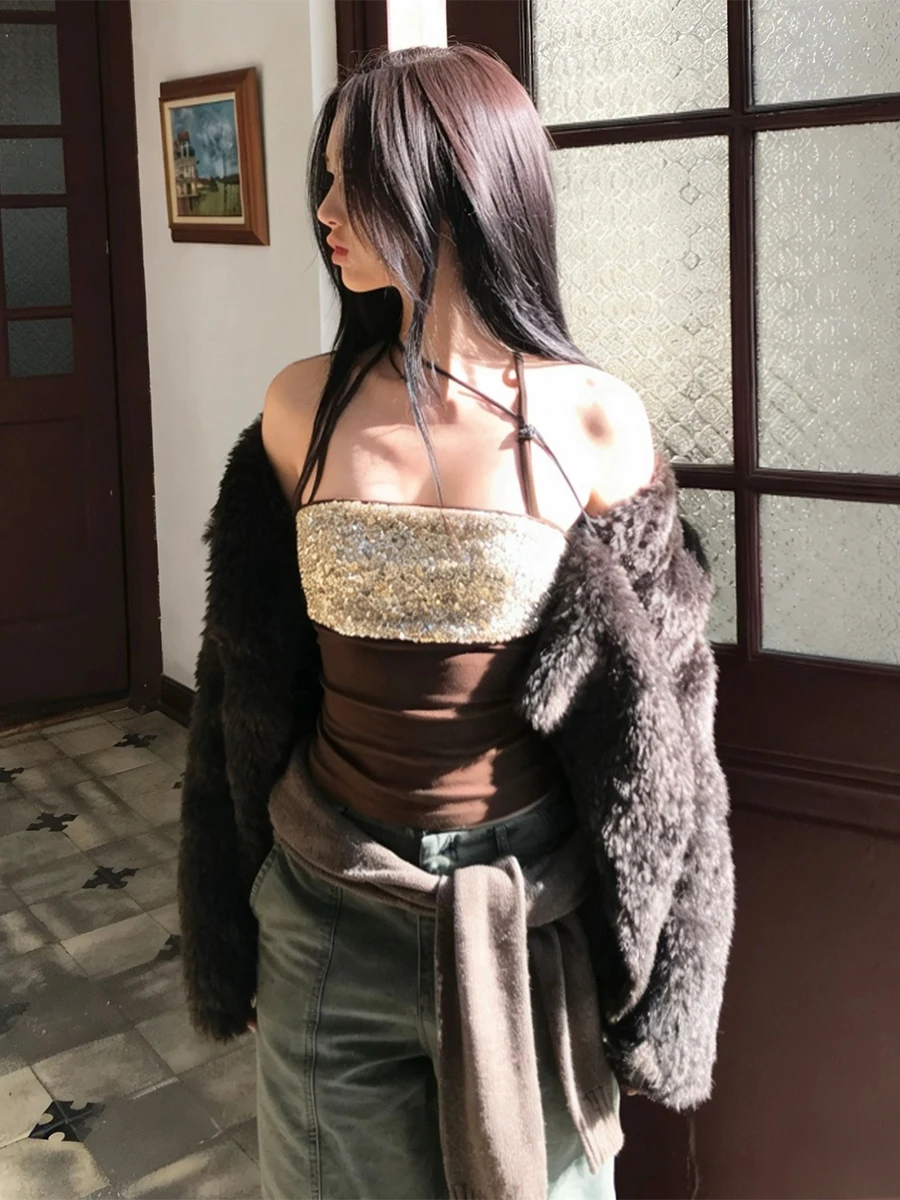 

Cutenew Sequin Patchwork Camisole Women Low-Neck Halter Sexy Hottie Midnight Fashion Summer Valentine's Day Skinny Streetwear
