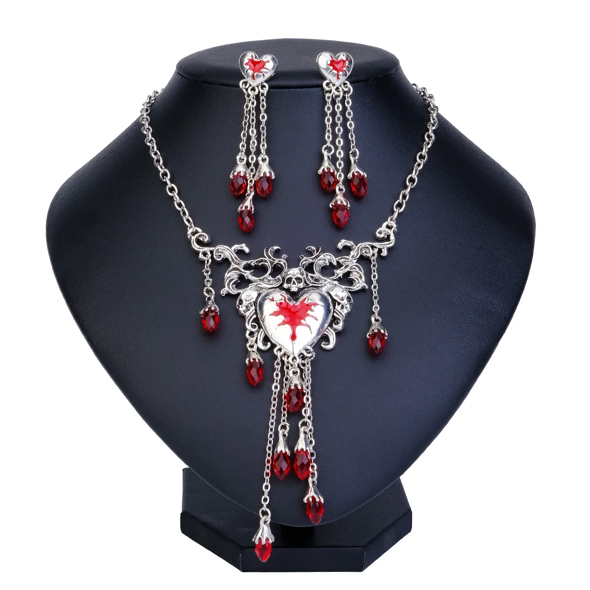 Halloween Ornaments Necklace Set Exaggerated Prom Party Dress Up Red Love Skull Earrings Necklace