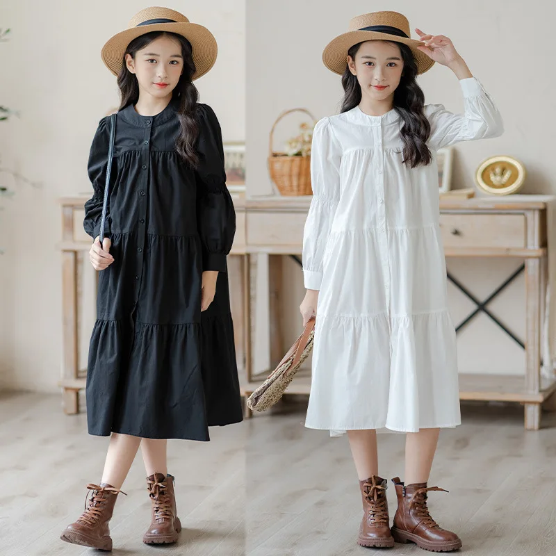 قميص شتوي وخريفي لعام 2025 فستان أبيض للأطفال لحفلات الأطفال الأميرة للفتيات بأزرار طويلة بطبقات فستان للمراهقين من 4 8 إلى 10 12 14 سنة