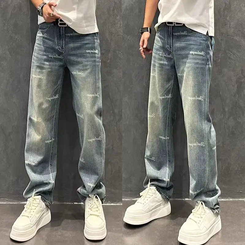 

High-end Straight Jeans Men's Autumn Fashion Yuppie Letter Casual Pants Stretch Wide-leg Trousers Blue Men Jeans Men Korean Span