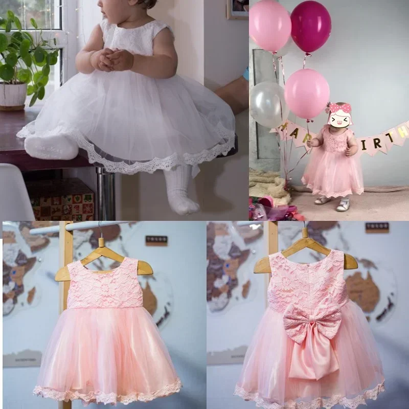 Long Sleeve Dress for Baby Girl Wedding New Year Party Lace Bow Kids Xmas Dresses Infant 1st Pink Birthday Princess Baptism Gown