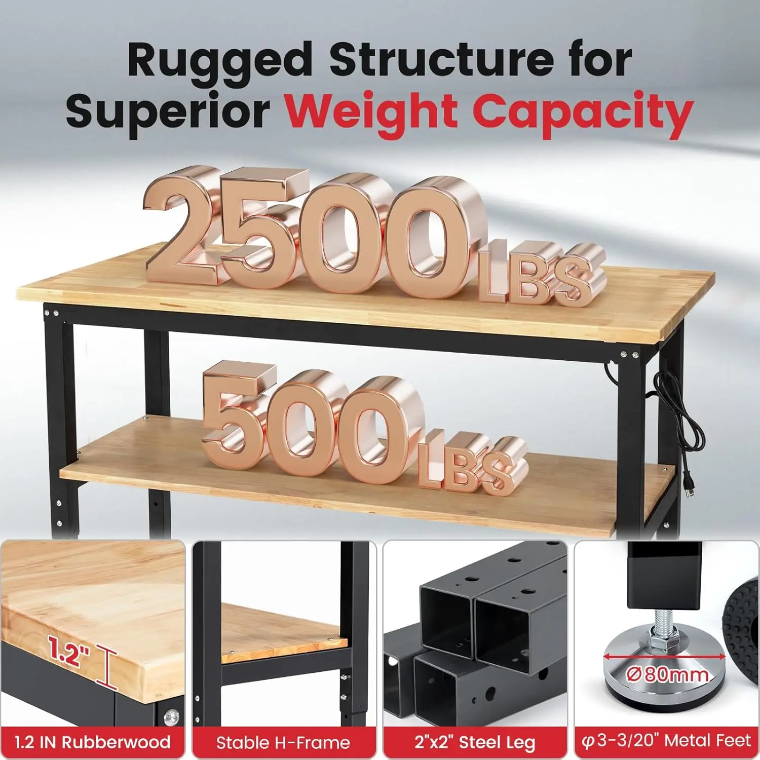 Work Table for Garage 60 Inch Workbench with Storage Adjustable Height Rubber Wood Tabletop Work Bench with Power, Customized