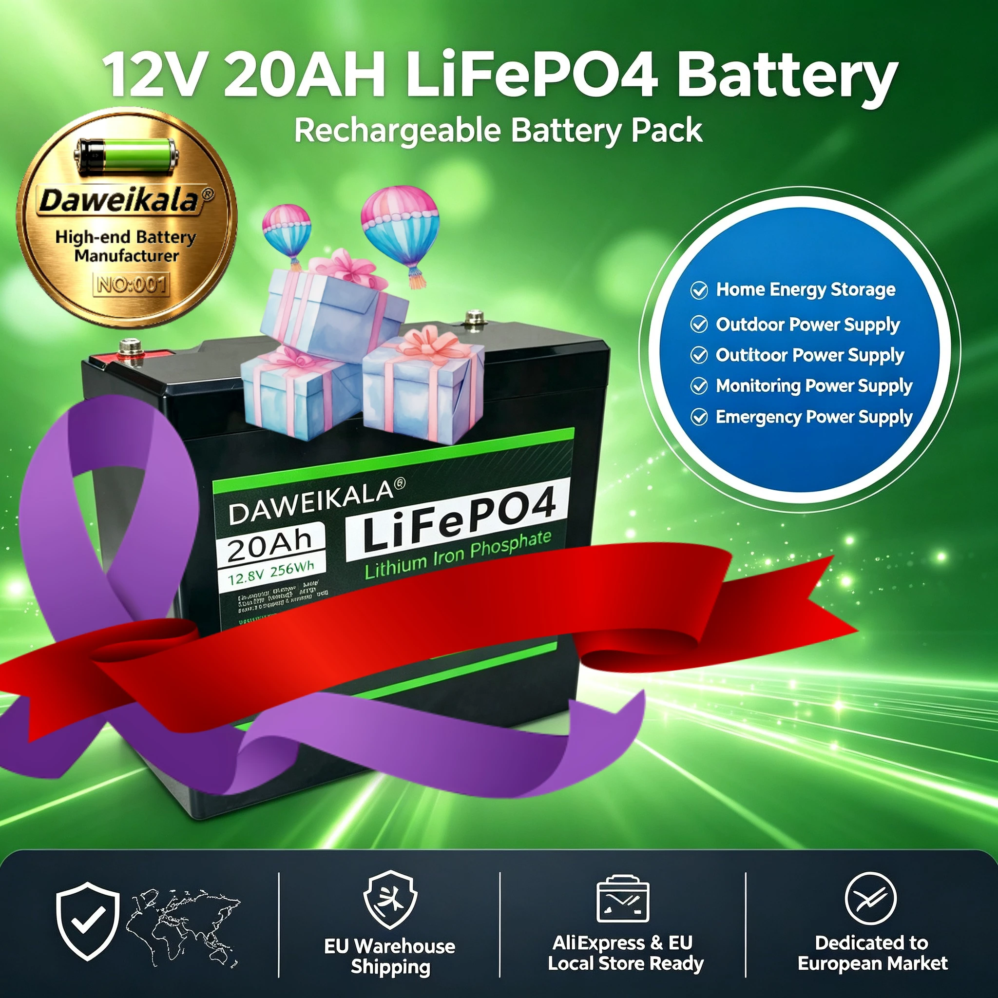Batteria ricaricabile LiFePO4 da 12V 20Ah, 12,8V 20Ah, pacco batterie al litio a ciclo profondo per accumulo di energia domestica, alimentazione per campeggio, apparecchiature di monitoraggio, sistema