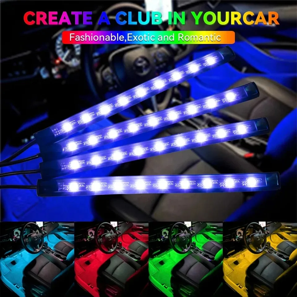 48 LED Car Interior Ambient Foot Light with USB Wireless Remote Music App Control Auto RGB Atmosphere Decorative Lamps