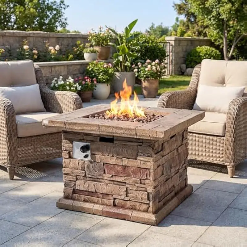 Outdoor magnesium oxide fire pit table 32 inch square classic design with stainless steel burner 50000 BTU propane fueled heat s