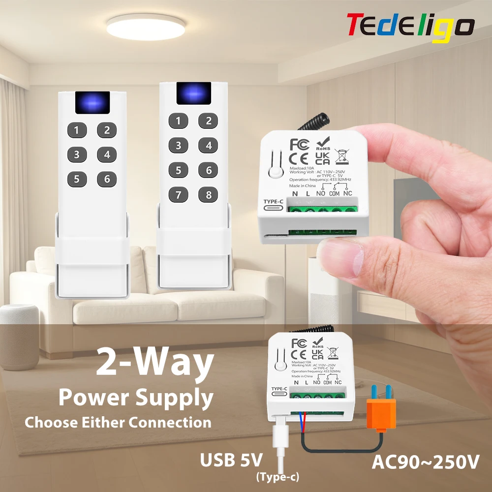 433MHz RF Wireless Remote Control Switch Type-C 5V/AC220V Relay Receiver with Remote Transmitte for LED Lights Bulb Gate Lamp