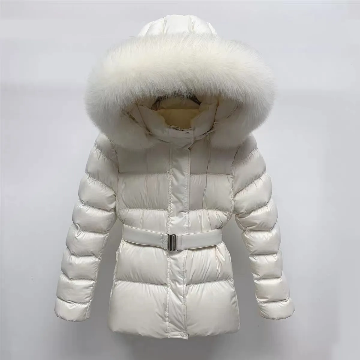 เสื้อแจ็คเก็ตขนเป็ดแท้ 90% สีขาว แจ็คเก็ตขนเป็ดหนานุ่ม อุ่นสบาย มีเข็มขัดรัดเอว เสื้อโค้ทแบบเย็บติดกันสำหรับผู้หญิง มีฮู้ด ปกขนสัตว์ อุ่นสบาย เหมาะสำหรับใส่ในฤดูหนาว