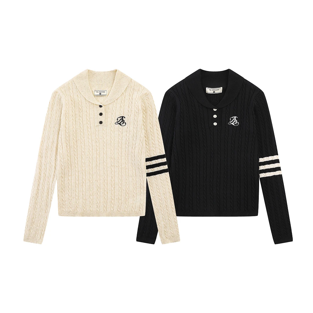 Men Women Shawl Collar Half‑Button Sleeve Stripes Chest Embroidery Preppy Slim Fit Cable‑Knit Sweater Knit Top