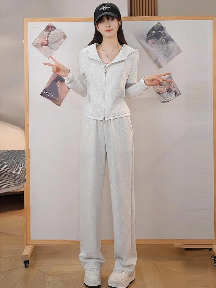 Anti-Aging Zipper Jaet Top And Straight Leg Pants Two-Piece Set Women's Casual Sportswear Autumn New Sle by Ni Yali