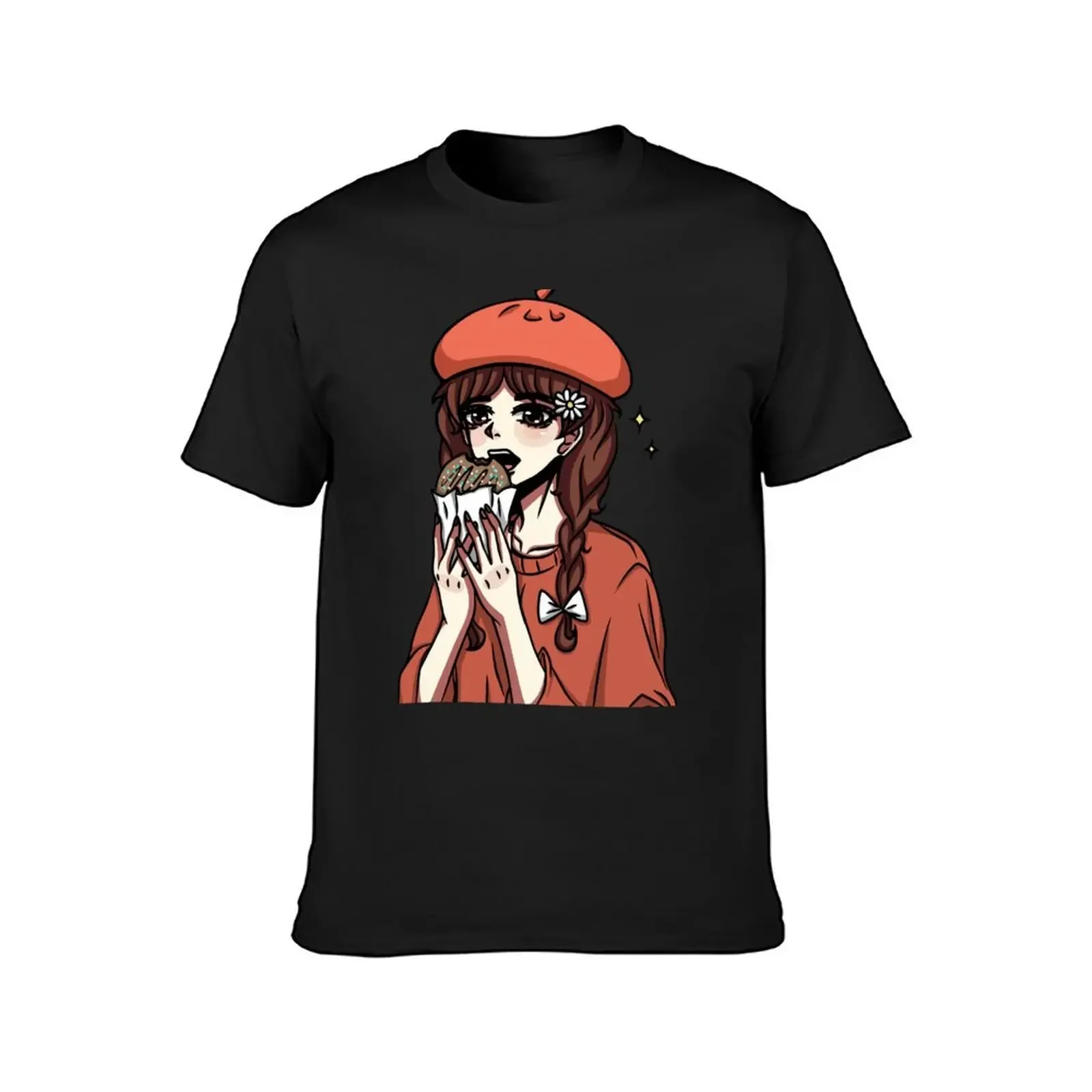 Anime style girl holding a cookie in her hands. On her head is a red beret, chamomile and a white bow on her pigtail. T-Shirt