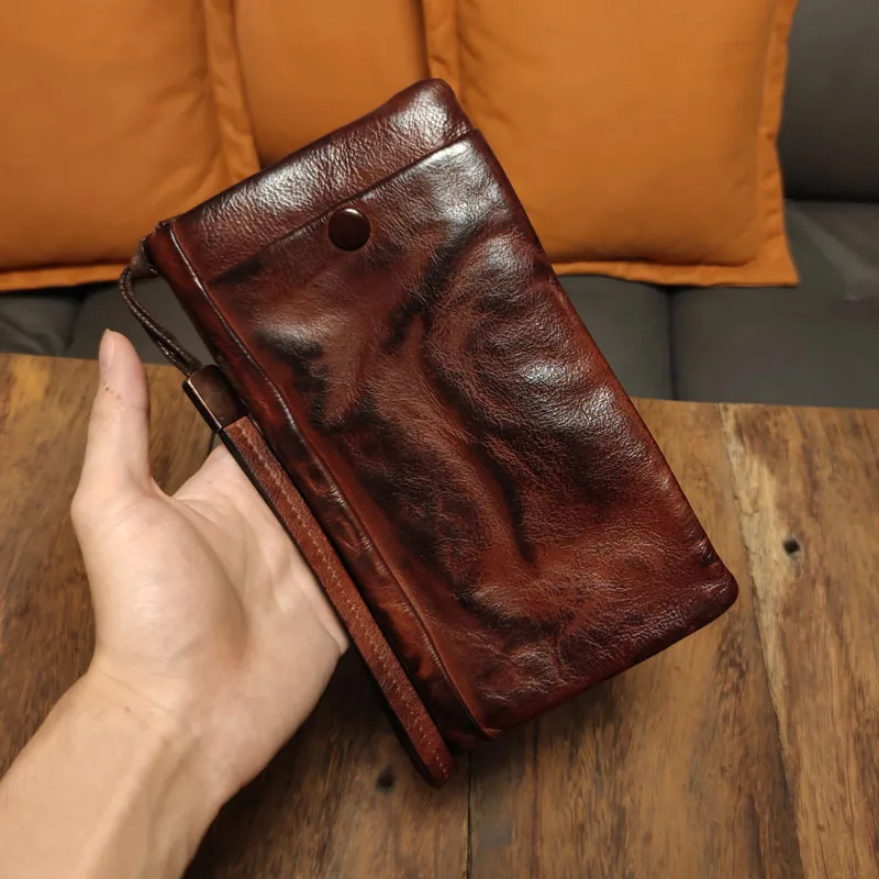 AETOO Handmade leather long purse vintage do old hand wrap top layer cattle pickup wrap plant tanned leather men\'s zipper phone