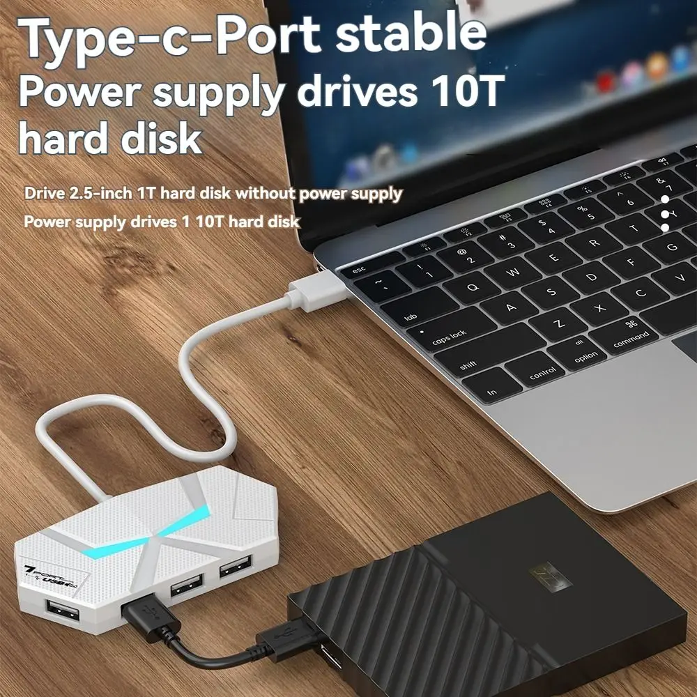 4/7 Ports USB Docking Station Type C Colorful Light USB Splitter Adapter Stabilize PD Power Supply USB 3.0 HUB Splitter