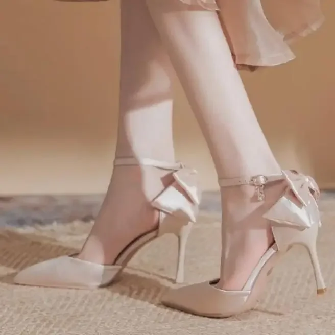 Women Elegant Nude High Heels Pumps Shallow Mouth Slip on Stiletto High Heel Shoes Woman Sexy Bows Point Toe Party Banquet Shoes