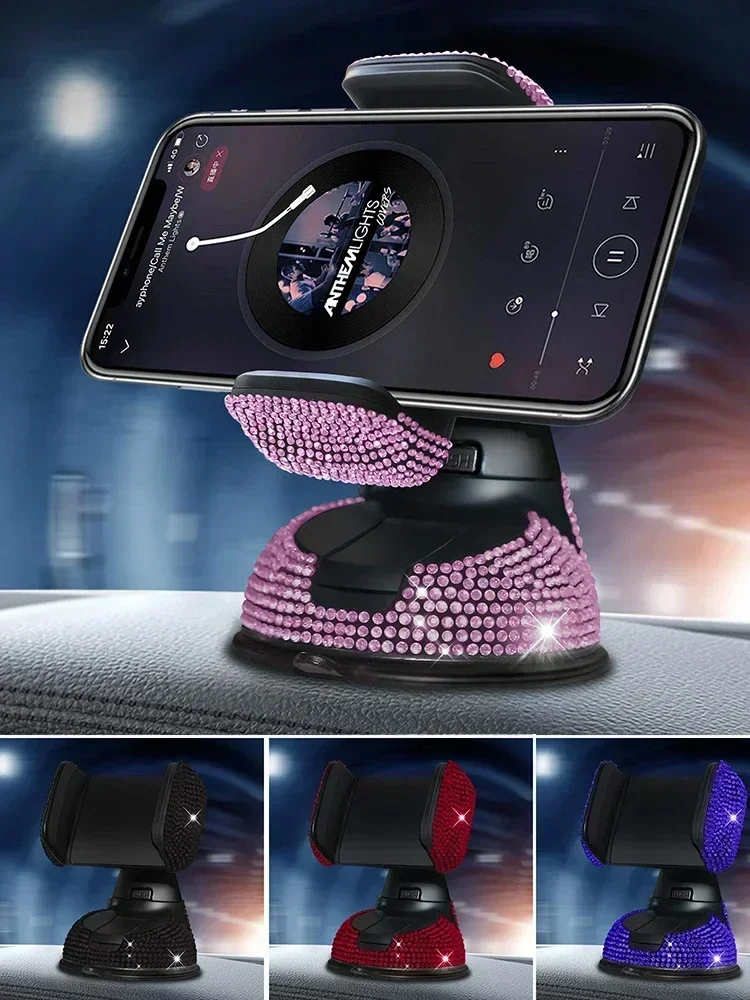 Rhinestone Crystal Auto Telefoonhouder Telefoonbevestiging Roze Flexibele Tafelstandaard Bling Autoaccessoires Interieur voor Vrouwen - afbeelding 2
