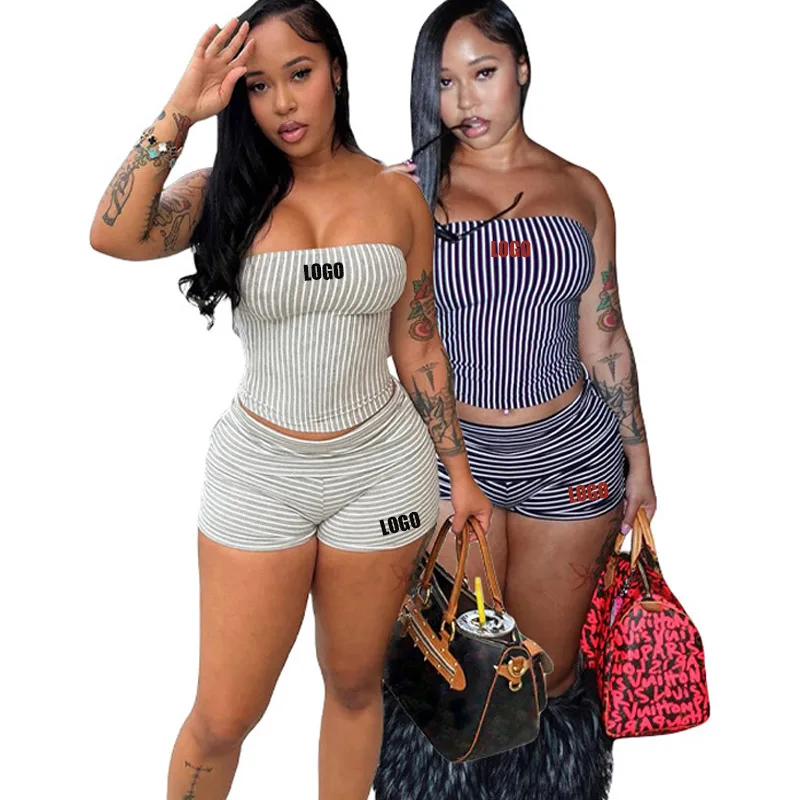 Custom LOGO women's European American fashion vertical striped tube top, rolled edge, folded waist tight shorts two-piece set
