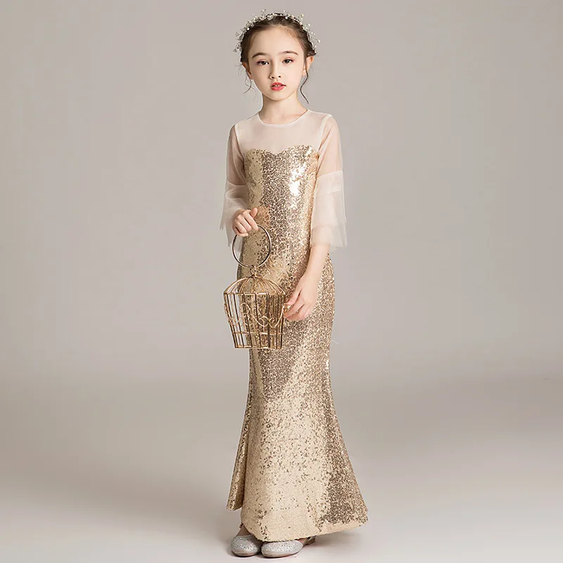 Kid Luxury Wedding Dress Children Girl Evening Gold Sequin Bodycon Trumpet Mermaid Party Elegant Cocktail Chinese Style Dress