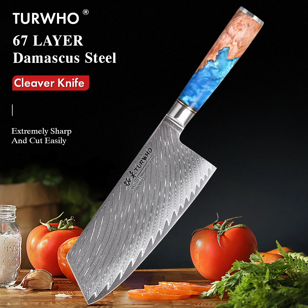 

TURWHO 7,5-дюймовый нож-тесак, 67-слойные кухонные ножи из дамасской стали, профессиональный нож шеф-повара, овощерезка для мяса, кухонные инструменты