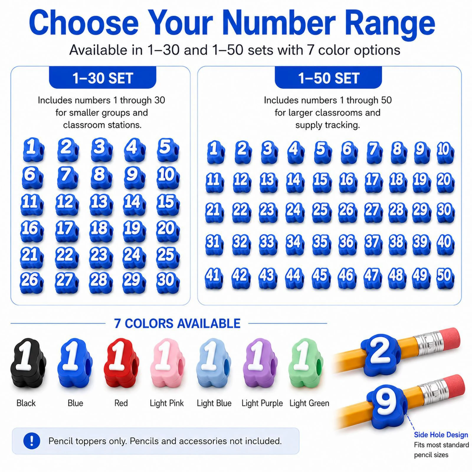 20 Pcs Numbered Pencil Toppers 1-20 Reusable Pencil Labels for Classroom
