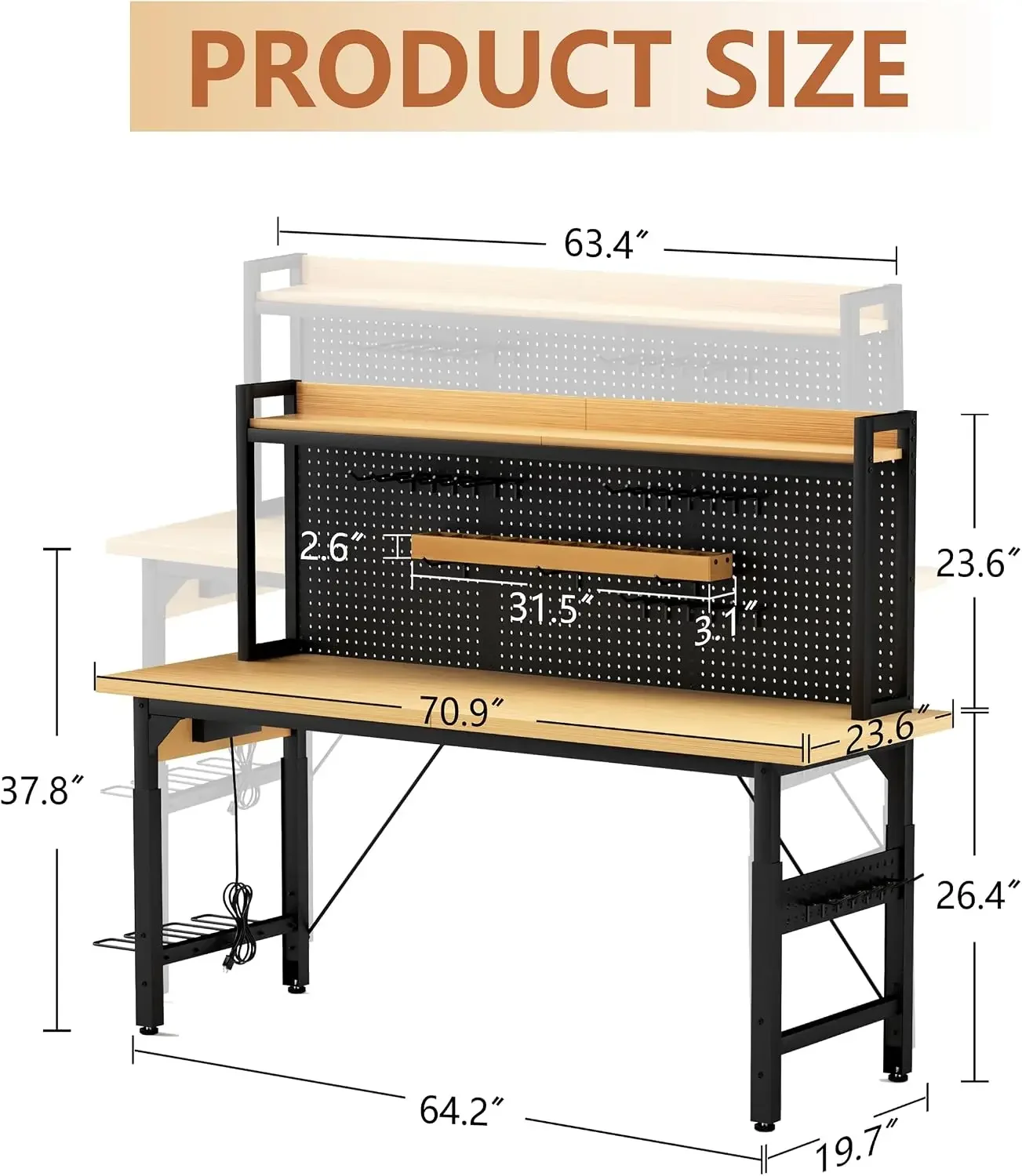 71'' Adjustable Workbench with Pegboard Heavy Duty Wooden Desktop Rolling Workbench 1600 lb Load Capacity with AC/USB Outlet Hoo