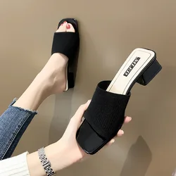 Trendy Shoes for Women Slippers Outdoor Summer Fashion Knitted Stretch Square Heel Open Toe Thick Sandals Huaraches Mujer 2022