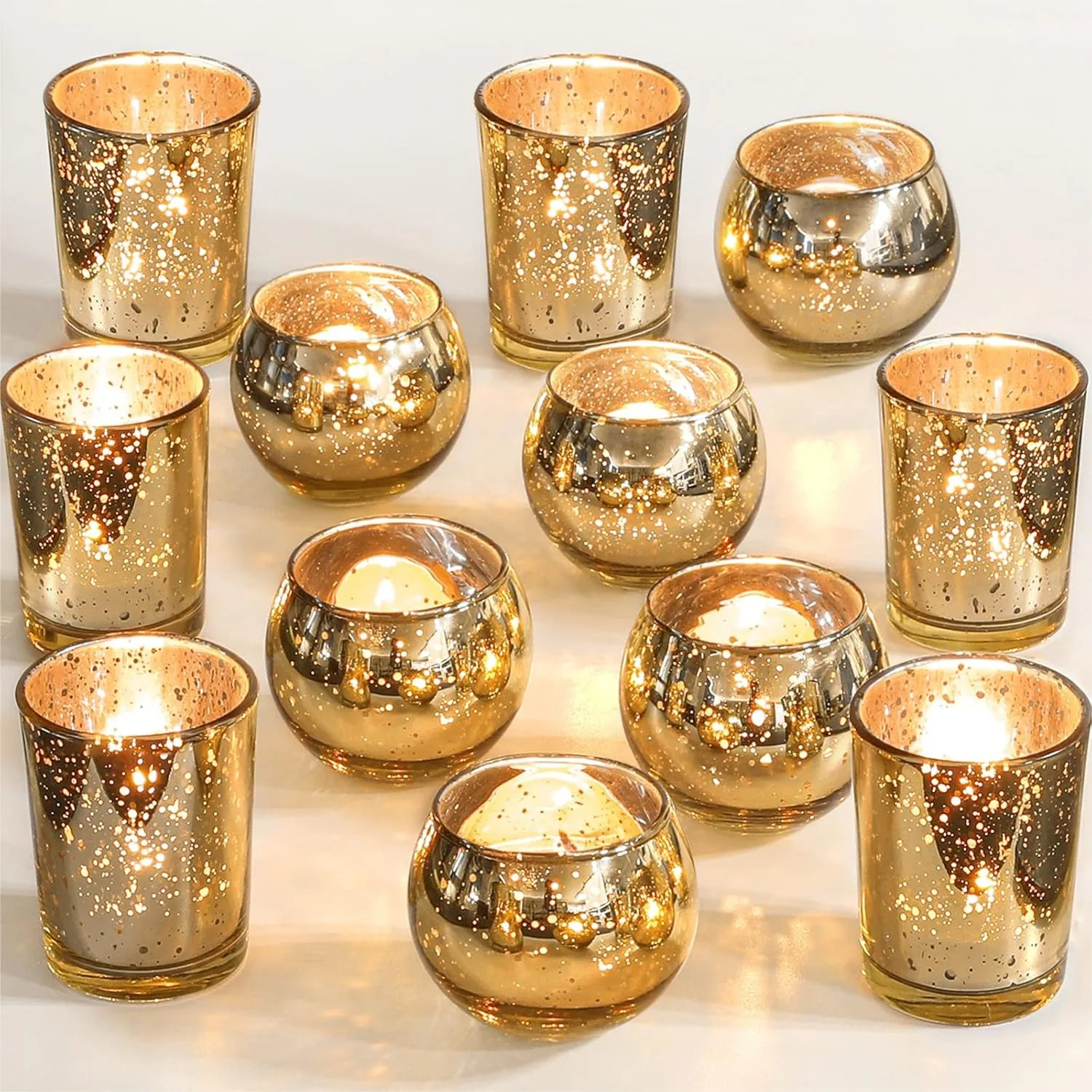 

12 Gold Mercury Glass Votive Candle Holders for Table Centerpiece Wedding Party Home Decor