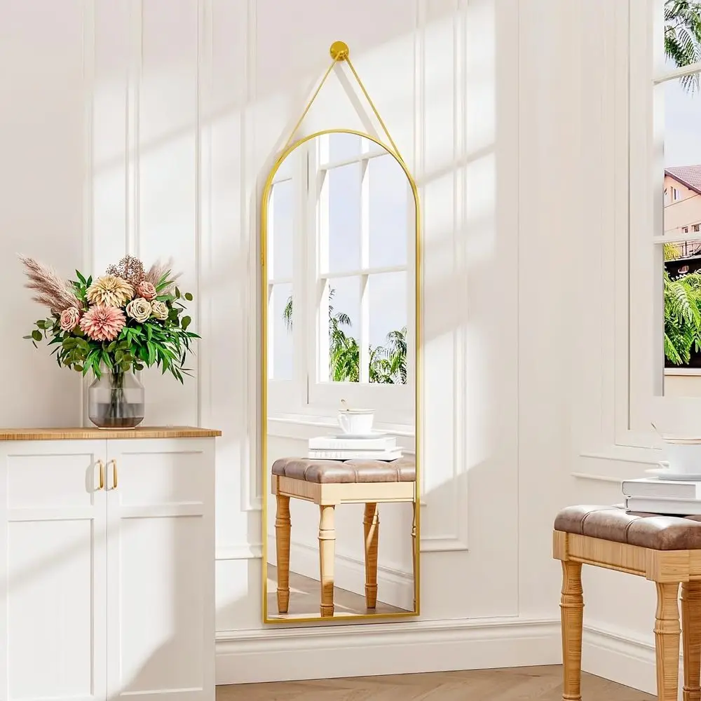 

Gold 16x48 Arched Wall-Mounted Hanging Mirror with Leather Strap, Ideal for Bathroom, Vanity, Living Room, Bedroom, and Entryway