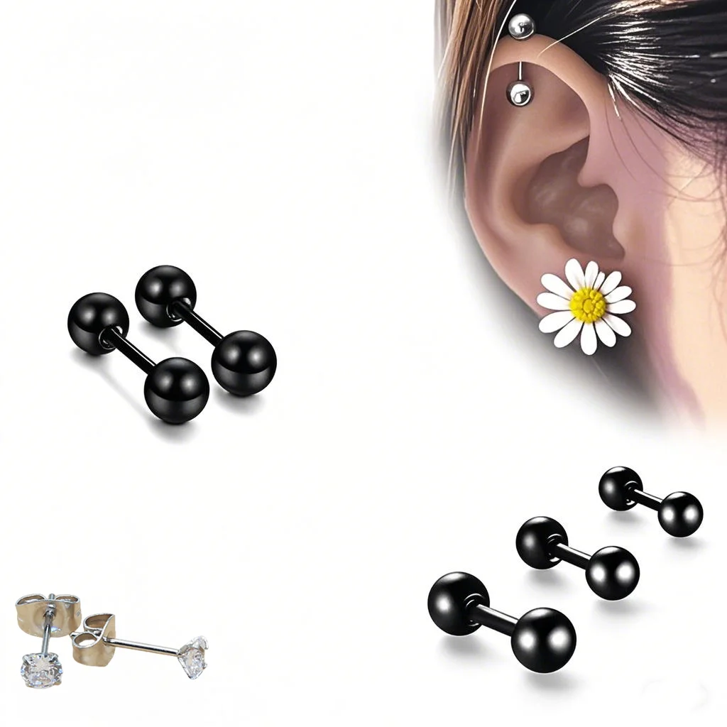 

1.2*6mm Round No Fade Allergy Free Screw-back Stud Earrings Black-color Plate Brief Small 2 Balls 316L Stainless Steel Jewelry