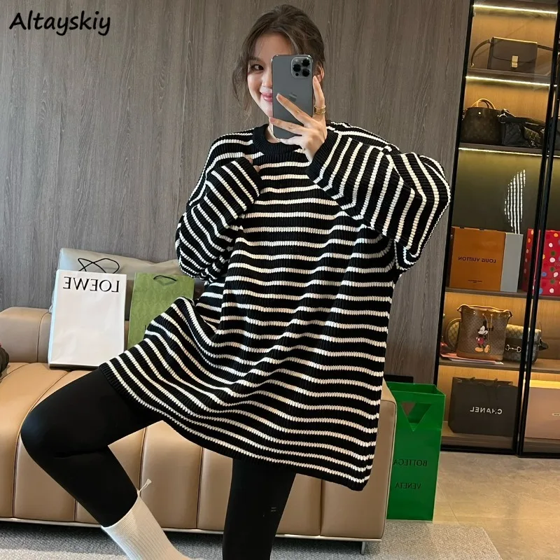 

Striped Autumn Winter Oversize Pullovers Women Loose All-match O-neck Simple Chic Tops Knitted Baggy Streetwear Female Ulzzang