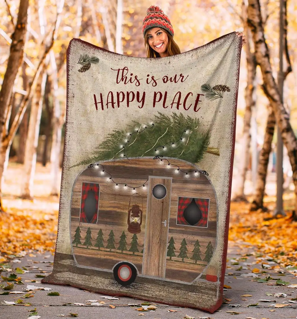 

Camping quotes THIS IS OUR HAPPY PLACE soft throw fleece blanket, camping blanket