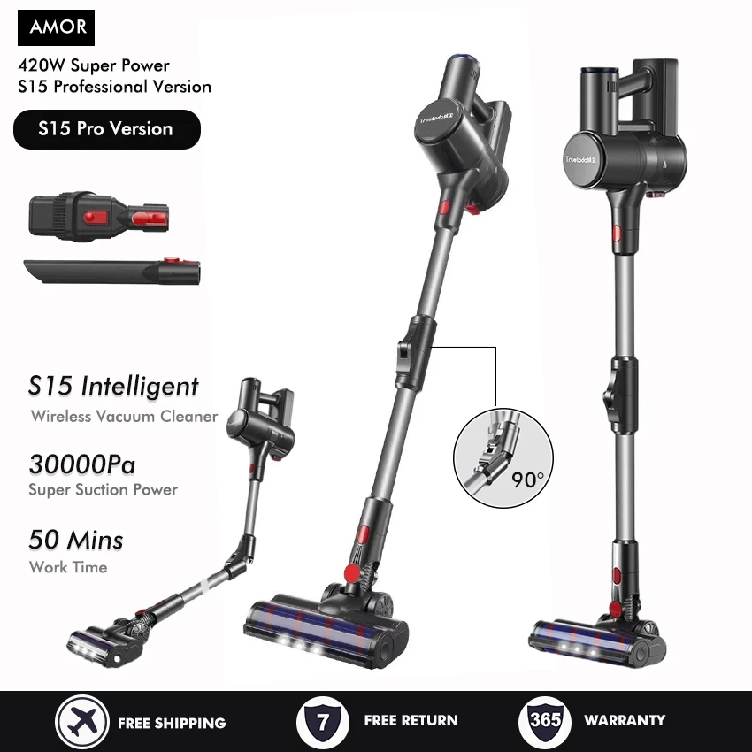 S15 Aspirador de pó sem fio 280W Power 5 em 1 Multi-funções Aspirador de pó Display LED Bateria removível 50 Mins Runtime Stick Vacuum 1.2L Dust Cup para tapete e piso duro Pet Hair