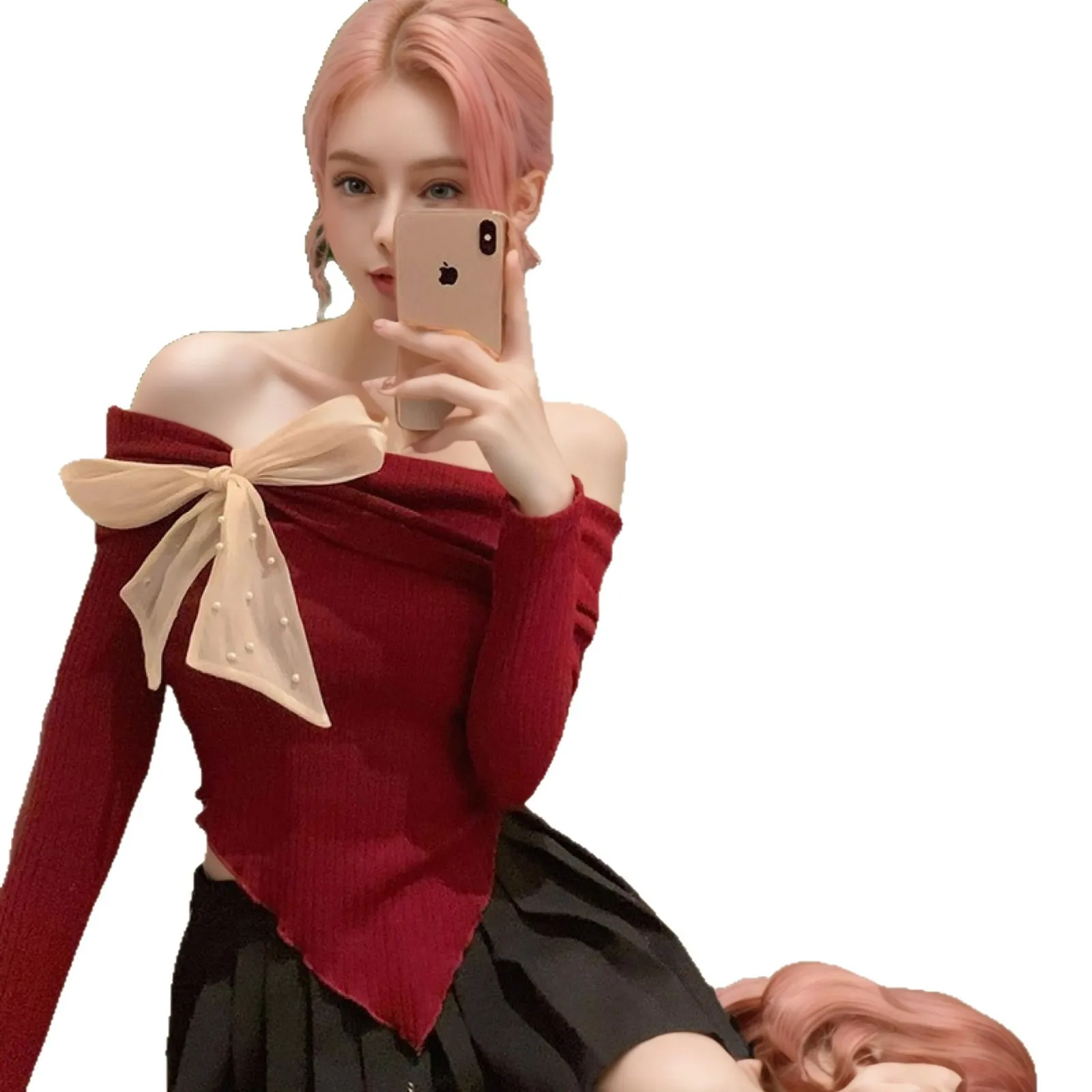 

Bow-Knot Off-Shoulder Long-Sleeved Blouse Women's Spring and Autumn Spicy Irregular Short Top Trend