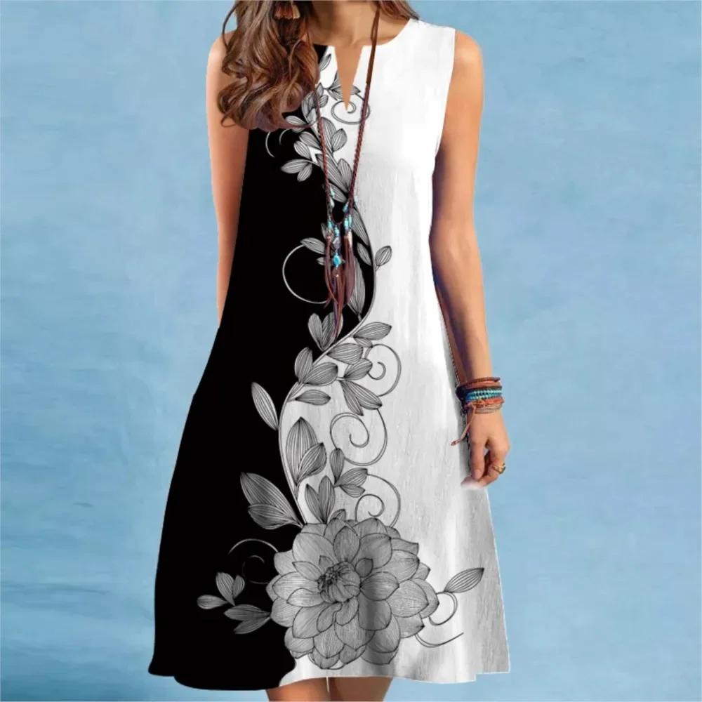 Retro Floral Print Mini Dress 2025 Women V-neck Sleeveless Sexy Gradient Striped Printed A-Line Dress Bohemia Beach Sundress New