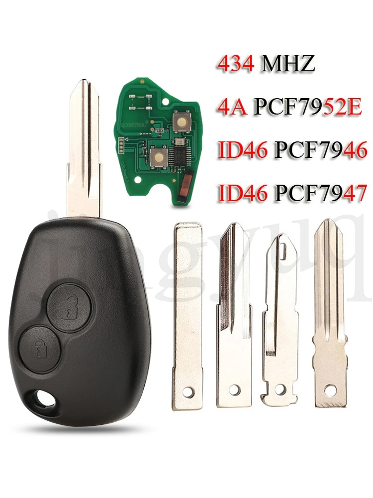 

jingyuqin 10PCS/Lot Remote Car Key For Renault Megan Clio Kangoo Logan 2Buttons 433Mhz ID46/4A Chip PCF7946 PCF7947 PCF7952E