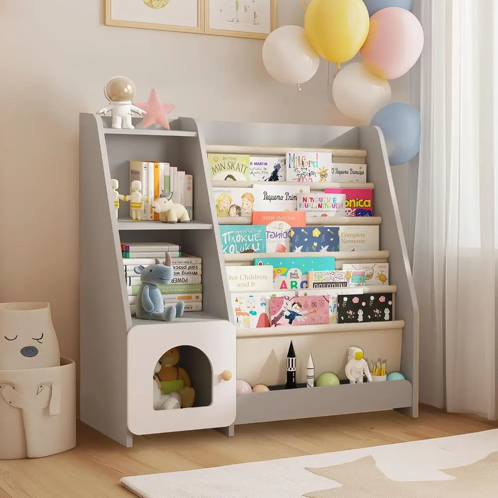 

5-Tier Sling Bookcase for Kids, Wooden Shelves Storage Organizer, Suitable for Playroom, Bedroom, Living Room, Nursery, School (