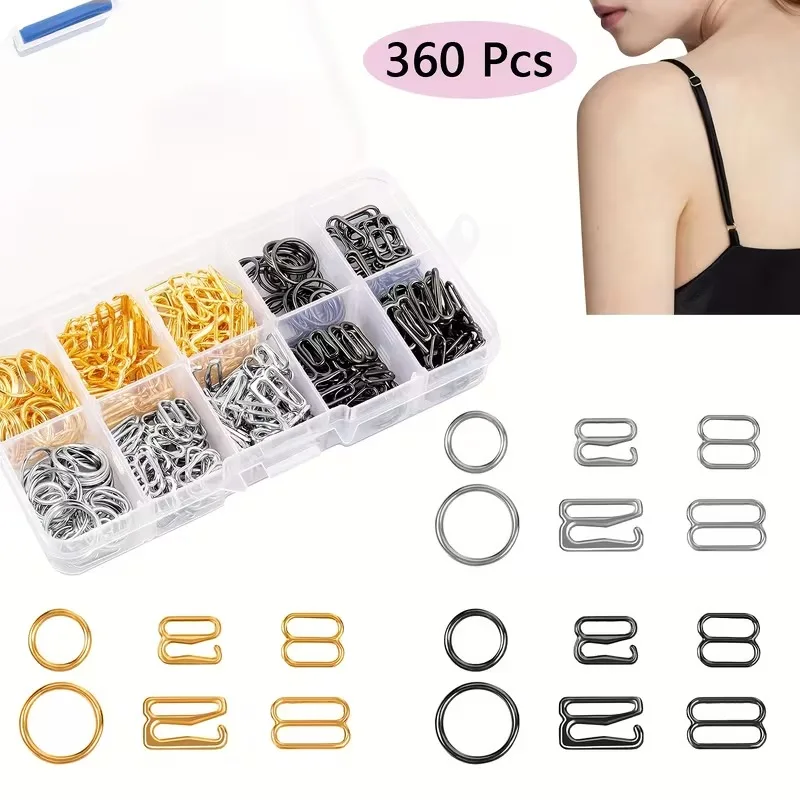 

360Pcs Bra Strap Hooks Slide Rings Bathing Suit Clasp Replacement Kit Metal Bra Hooks for Straps Swimsuit Tops and Lingerie