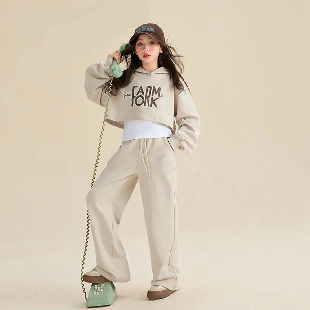 Autumn Spring New Kid Girls Clothes Suit Child letter sweatshirt hooded top and bottom wide leg pant Tracksuit 4 8 10 12 year