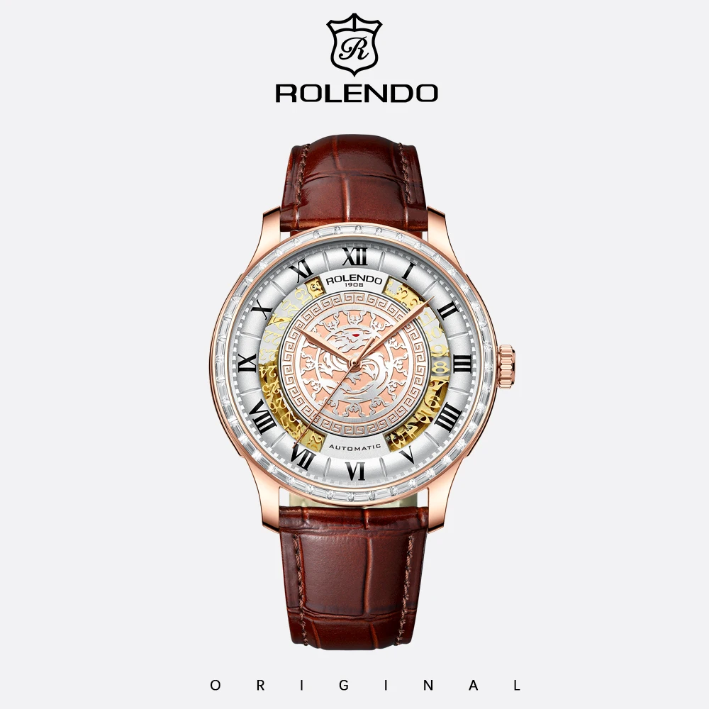 ROLENDO Men Auto Watch Rose Gold Diamond Hollow Dragon Dial Roman Numeral Brown Leather Waterproof Luxury Business Wristwatch