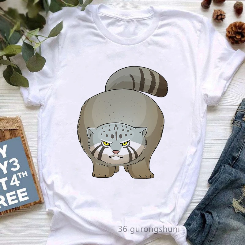 Pallas Cat Defensive Print Tshirt Women'S Clothing Funny White T Shirt Femme Harajuku Kawaii Animal T-Shirt Female Streetwear