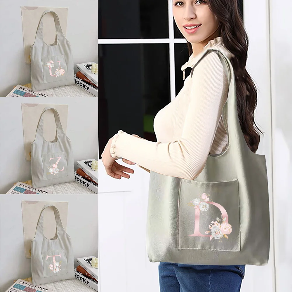 Women Shopper Organizer Bag Canvas Tote Bag Fashion Pink Flower Print Shoulder Bag Reusable Supermarket Tote Shopping Bag Casual