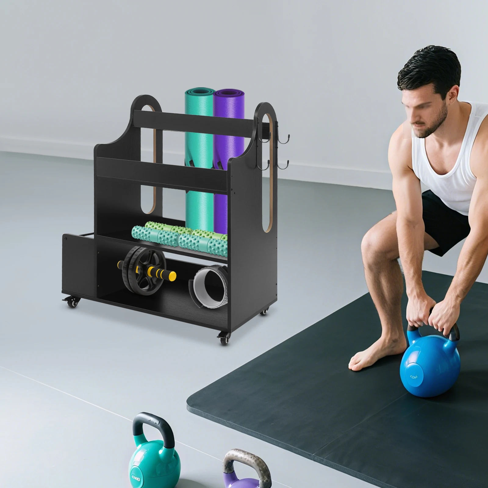 Home Gym Storage Rack Workout Equipment Organizer Yoga Matte Halter mit Rädern