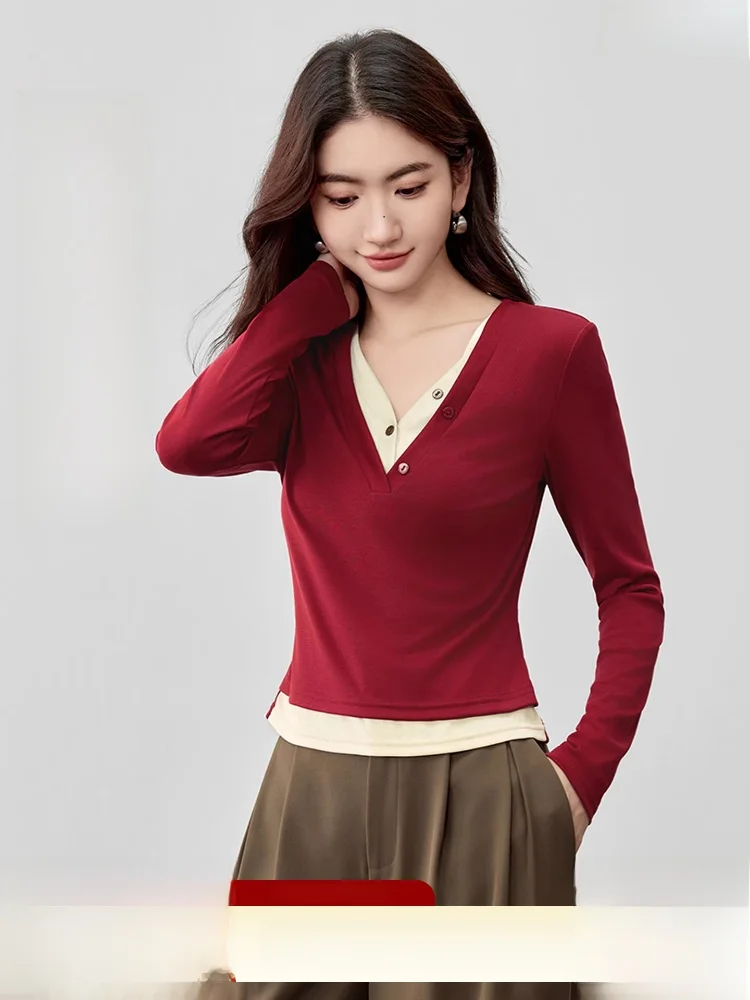 

Lacele Knitted V-Ne Long Sve T-irt Women's Commute Simple Sle Spring New Arrival Double Layer Color Blo Top