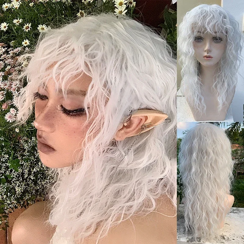 A SEEANO Synthetic Cosplay Wig Long Curly With Bangs White Wig Pure White Wool Roll Lolita Women Halloween Cosplay Wig Female