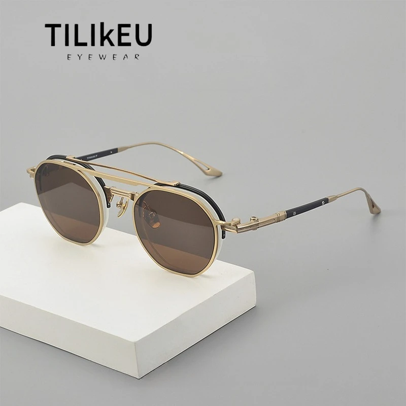 

Premium Luxury Acetate Titanium Magnetic Eyeglasses Frame Designer Men Vintage Semi-Rim Double Bridge Aviator Sunglasses UV400