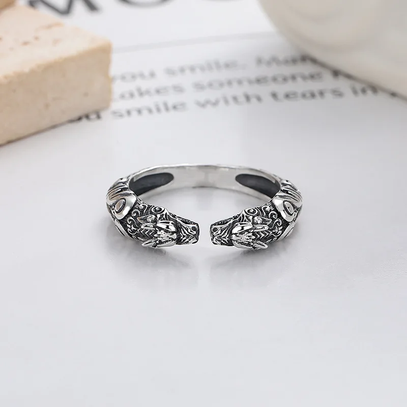 Retro Ethnic Style Twelve Zodiac Signs Double Dragon Head Animal Opening Adjustable Ring Men's Fortune Jewelry