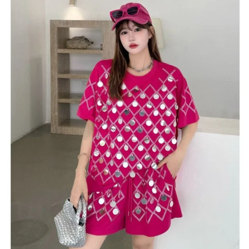 Chic Summer Women Shiny Diamonds Beaded Big Sequins T-shirt Drilling Tees Short Sleeve Crop Tops + Elastic Shorts 2Pcs Set 2025